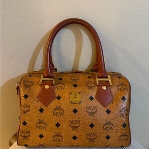 MCM Brown Monogram Satchel with Gold Details